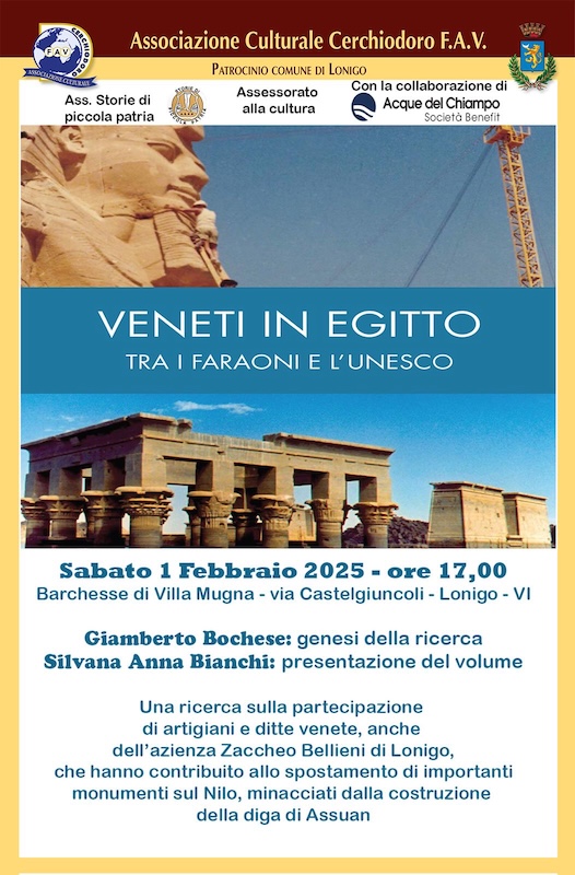 Acque del Chiampo | Lonigo, domani 1 febbraio alle 17 nelle Barchesse di Villa Mugna la presentazione del libro “Veneti in Egitto - Tra i Faraoni e l’Unesco” realizzato con il sostegno di Acque del Chiampo