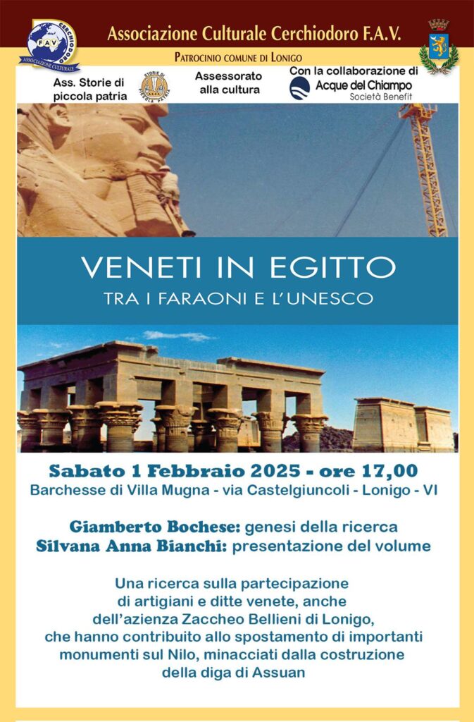 Acque del Chiampo | Lonigo, domani 1 febbraio alle 17 nelle Barchesse di Villa Mugna la presentazione del libro “Veneti in Egitto - Tra i Faraoni e l’Unesco” realizzato con il sostegno di Acque del Chiampo
